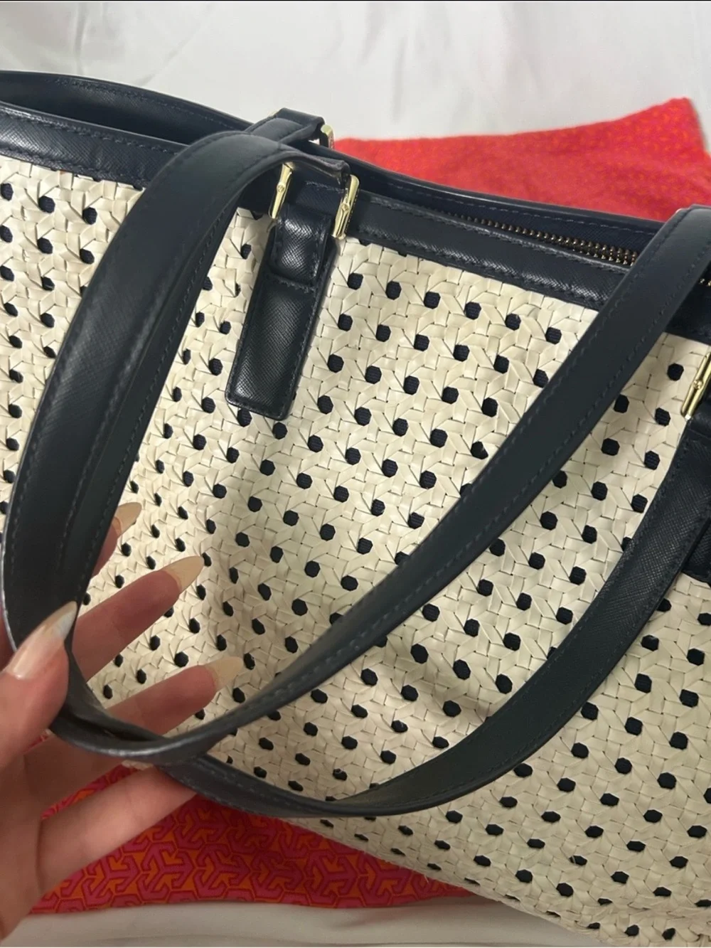 Tory Burch White Perforated Robinson Basket Weave Tote Bag with Navy Blue